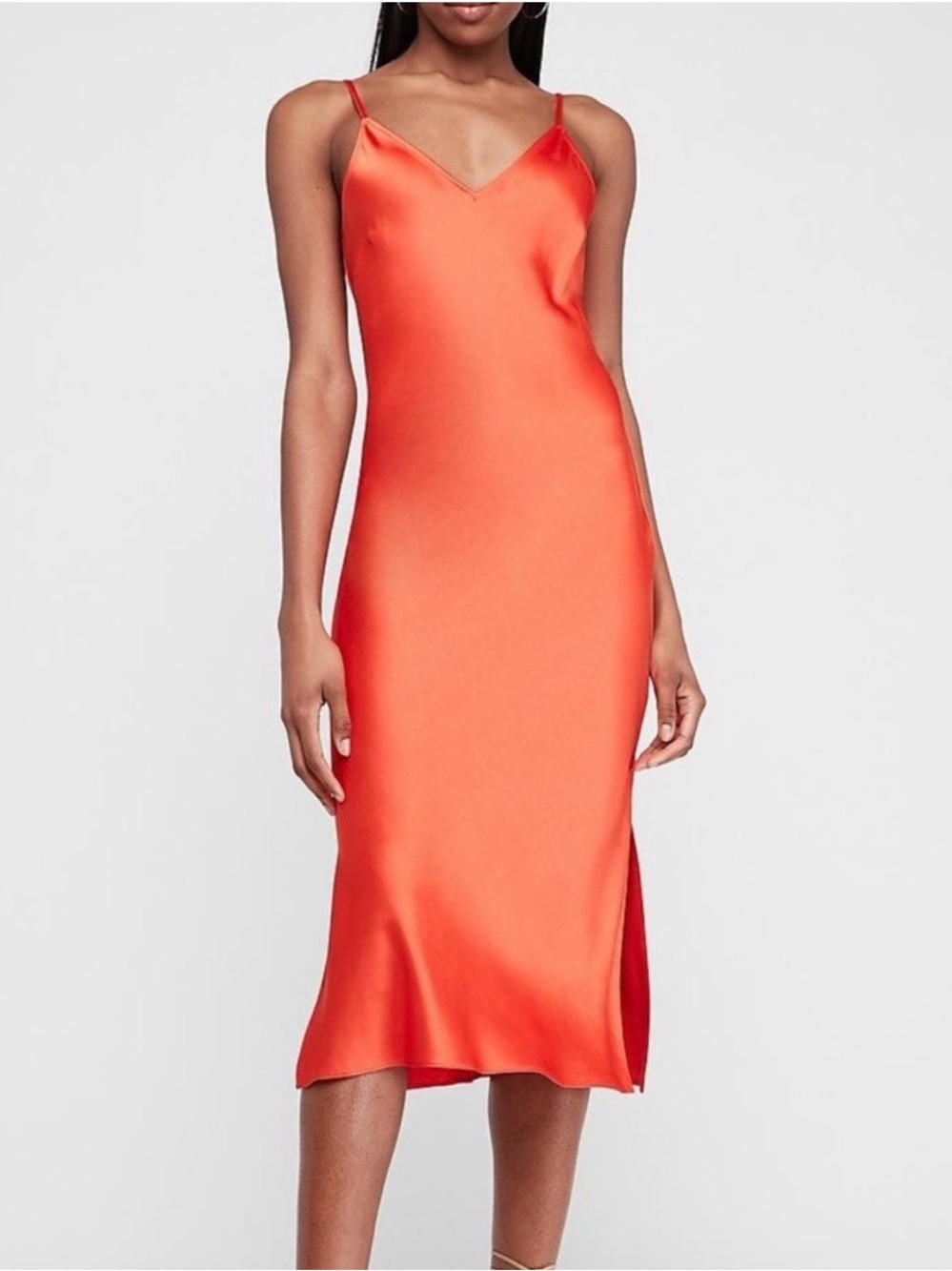 Express Satin Slip Midi Dress in Coral